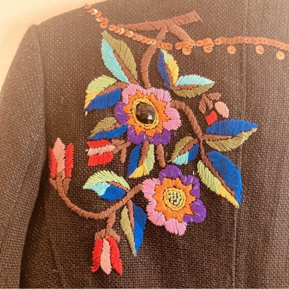 ZARA BASIC Sz S Embroidered Sequins Rhinestones Linen Blend Blazer Jacket  NWOT - Picture 6 of 13